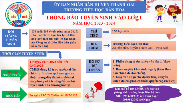 KẾ HOẠCH VÀ THÔNG BÁO TUYỂN SINH NĂM HỌC 2023 - 2024 CỦA TRƯỜNG TIỂU HỌC DÂN HÒA.