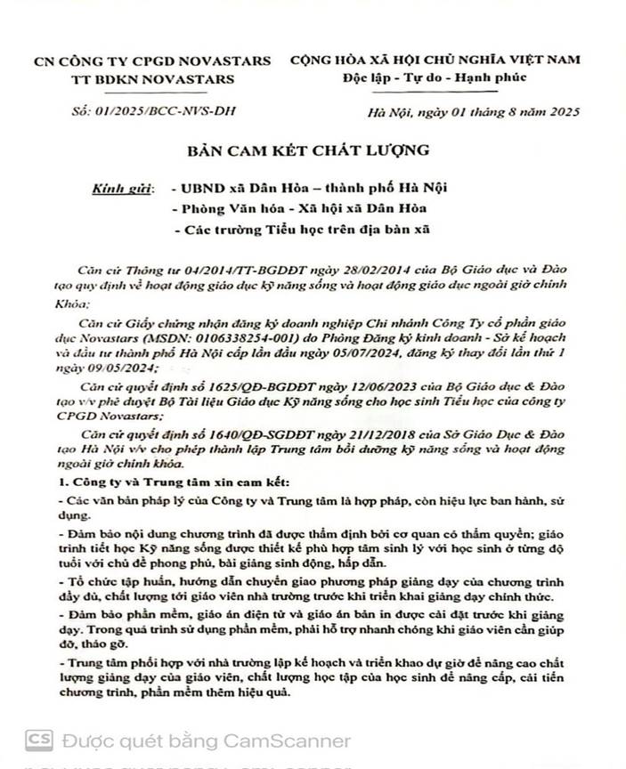 Bản cam kết chất lượng công ty Kỹ năng sống Novastars