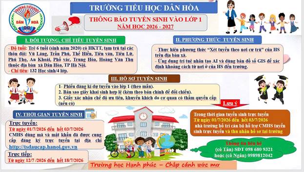TRƯỜNG TIỂU HỌC DÂN HÒA THÔNG BÁO TUYỂN SINH VÀO LỚP 1 NĂM HỌC 2026 – 2027
