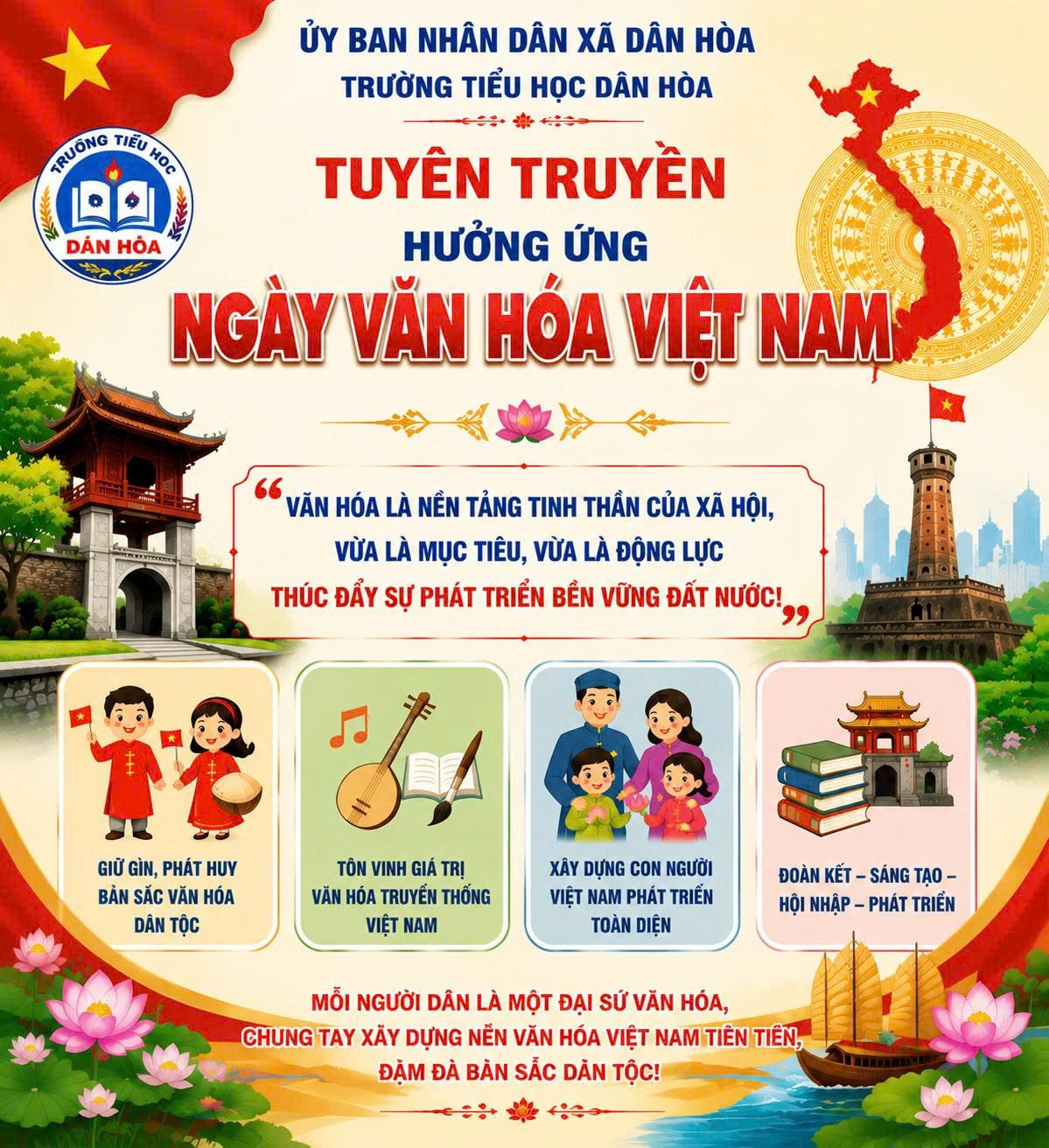 TRƯỜNG TIỂU HỌC DÂN HÒA HƯỞNG ỨNG TUYÊN TRUYỀN NGÀY VĂN HÓA VIỆT NAM